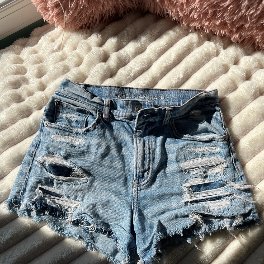 American Eagle Outfitters Blue High Waist Shorts with Distressed Details